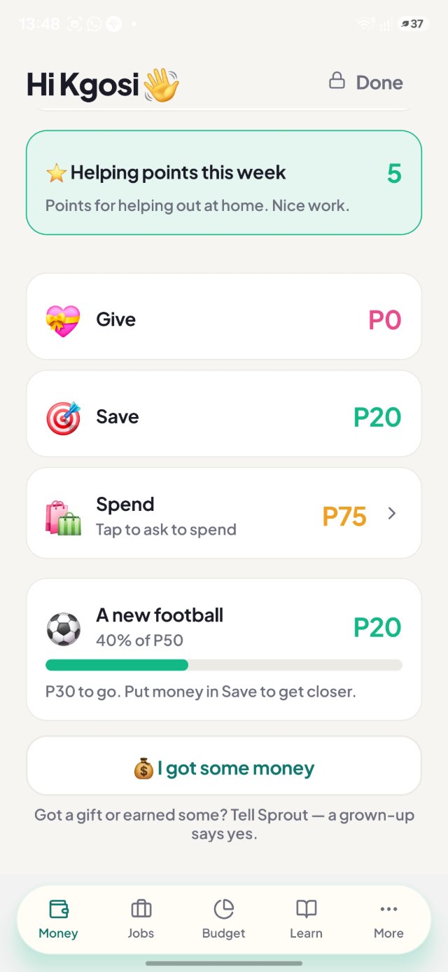 Sprout app showing Give, Save and Spend jars, saving goals and parent-guided money recording