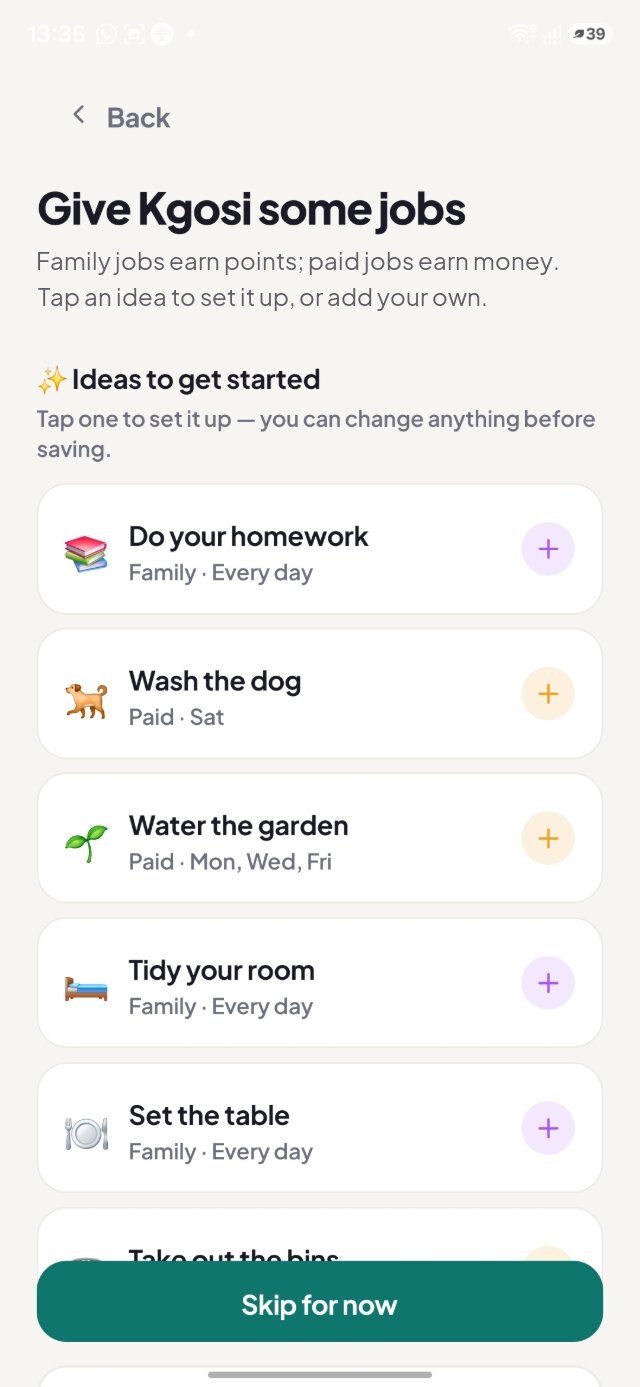 Sprout app showing job ideas for a child, each marked Family or Paid, ready to set up