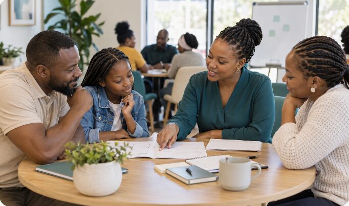 A financial educator sits at a table with a parent, a child and another adult, working through a family saving plan together